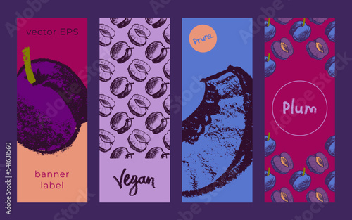 Vector fruit label templates for vegan fruit banner, prune label background. Drawings of plum pattern seamless. Baby food packaging, juice badge design. Organic jam, confectionery package, cosmetics.