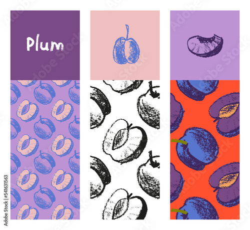 Vector fruit label templates for vegan fruit banner, prune label background. Drawings of plum pattern seamless. Baby food packaging, juice badge design. Organic jam, confectionery package, cosmetics.