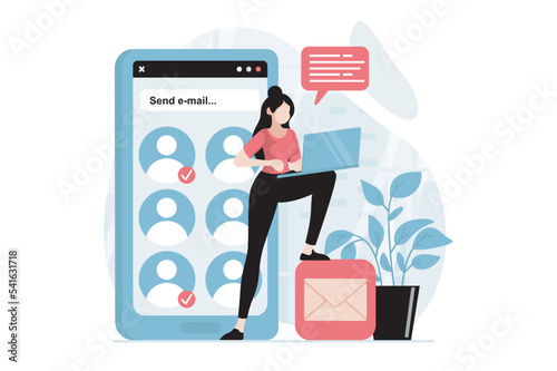 Email service concept with people scene in flat design. Woman sending lot of letters to online contacts with promo mailing using mail client app. Vector illustration with character situation for web