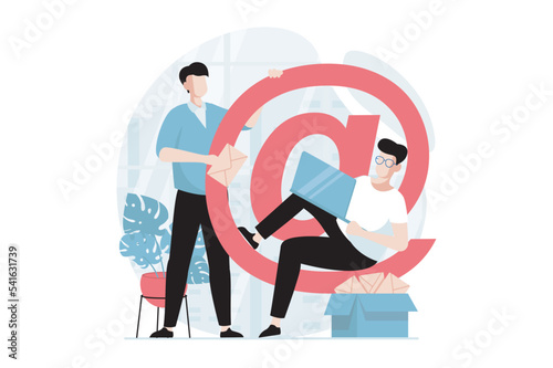 Email service concept with people scene in flat design. Man sending new letters to friends and communicate online using mail client app at laptop. Vector illustration with character situation for web