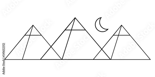 Egypt ancient pyramid of giza are egyptian pharaoh tomb with crescent moon on white background outline vector black icon design.