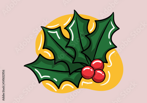 Colorful cartoon holly berries. Xmas symbol. Christmas holiday themed vector illustration for icon, logo, stamp, label, badge, certificate or gift card decoration