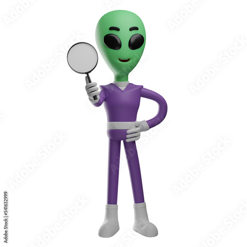 3D illustration. 3D Cartoon Alien holding a magnifying glass. with a slightly tilted body position. Shows funny laughing expressions. 3D Cartoon Character