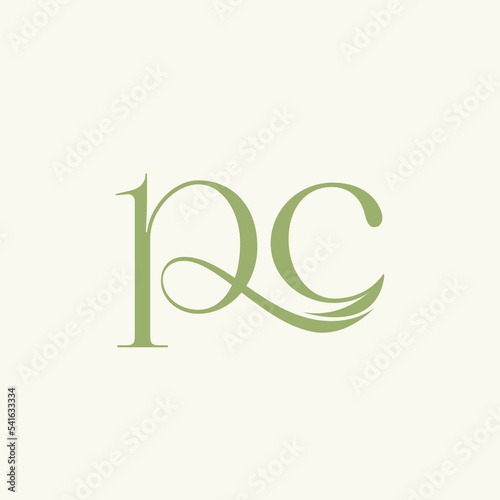 PC monogram logo.Calligraphic signature icon.Leaf letter p, letter c.Lettering sign.Bio, eco, beauty, gift boutique alphabet initials.Decorative, ornate style characters.