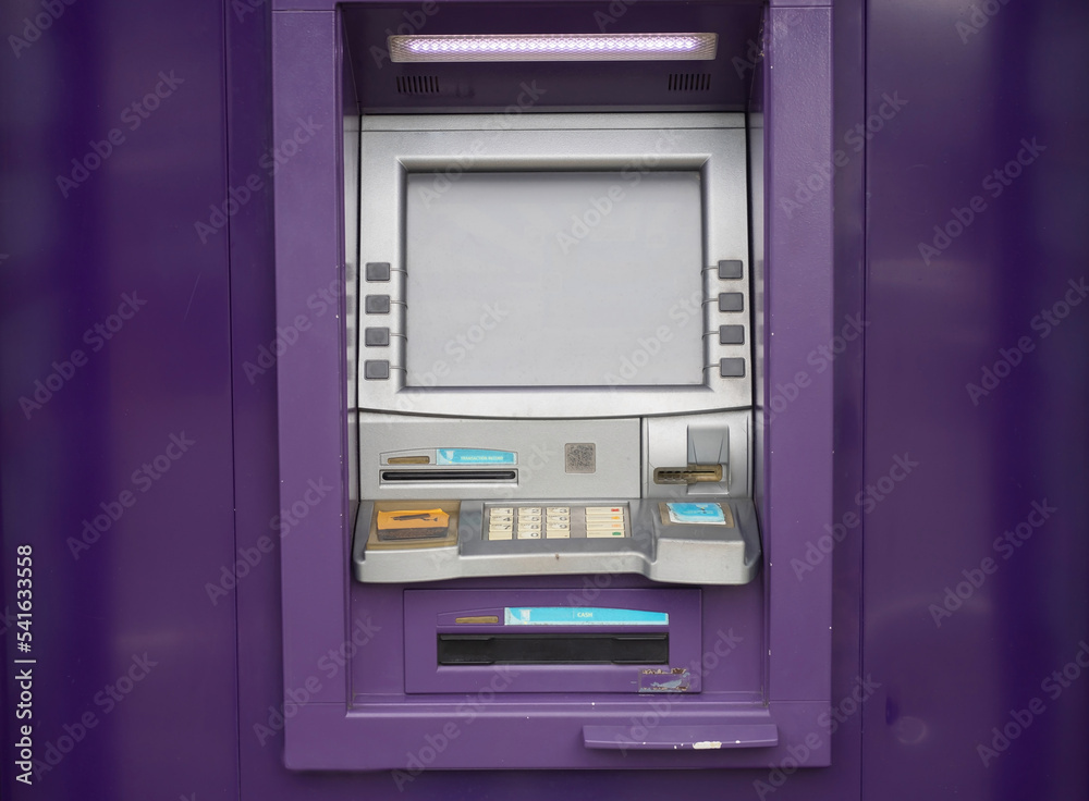 ATM system Screen and keypad for withdrawing cash purple. ATM system Screen and keypad for withdrawing cash purple.