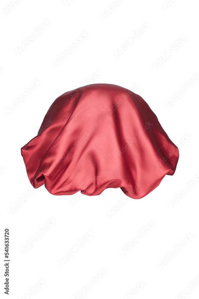 Close-up shot of a red sleep cap with a wide elastic band. A satin hair bonnet for protecting hair at night is isolated on a white background. Back view. Close-up shot of a red sleep cap with a wide elastic band. A satin hair bonnet for protecting hair at night is isolated on a white background. Back view.