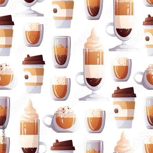 Seamless pattern with cups of coffee. Transparent illustration
