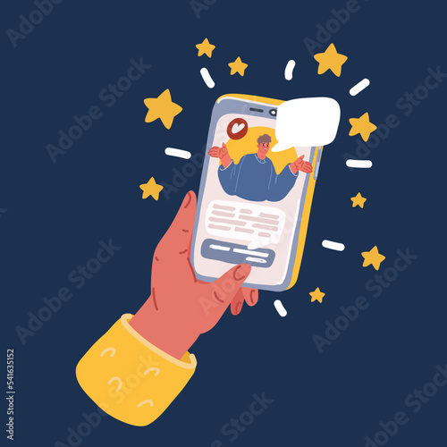 Cartoon vector illustration of Video call. Hand holding smartphone with smiling man on screen. Video chatting online on smartphone