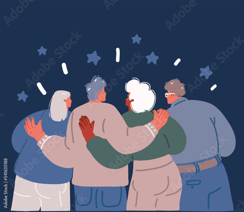 Cartoon vector illustration of Friend Hugging each other happy back view, friendship standing together. Group of friends, men and women good relationships