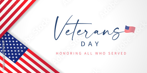 Veterans day, Honoring all who served - banner with flags USA. United States holiday greeting card with flag and balloons. Vector template