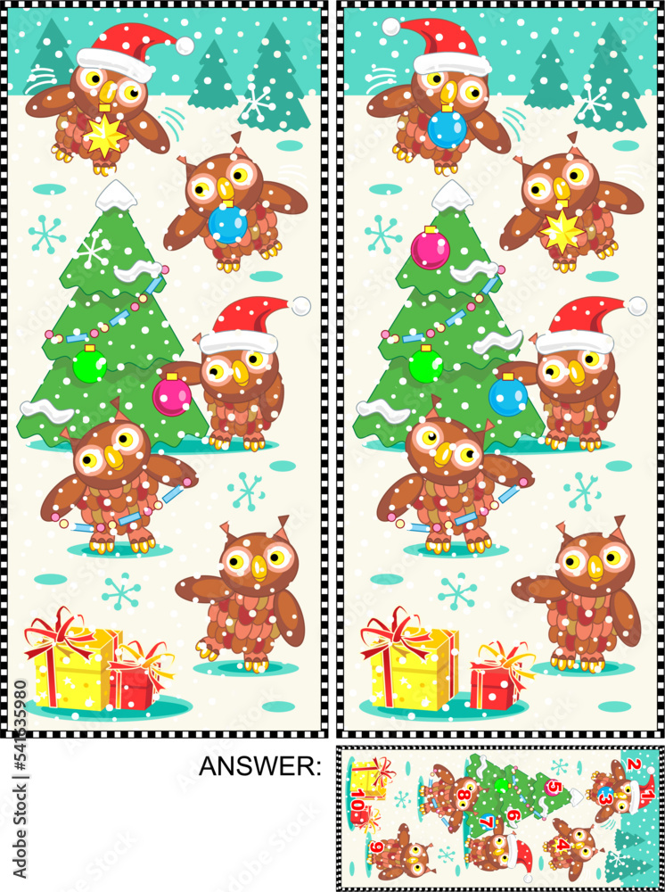 Difference game with owls decorating fir tree for winter holidays. Answer included.
