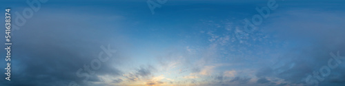 Dark blue twilight sky panorama with Cumulus clouds. Seamless hdr 360 panorama in spherical equiangular format. Full zenith or sky dome for 3D visualization, sky replacement for aerial drone panoramas