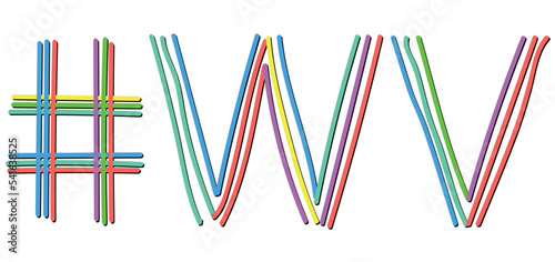 WV Hashtag. Isolate doodle lettering text from multi-colored curved neon lines like from a felt-tip pen, pensil. #WV is abbreviation for the US America state West Virginia for banner, social network