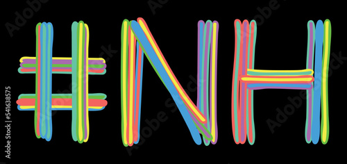 NH Hashtag. Multicolored bright isolate curves doodle letters like from marker, oil paint. #NH is abbreviation for the USA state New Hampshire for social network, web resources, mobile apps.