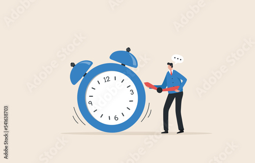 Time management failure. problems, punctuality, Missing deadlines. Businessman holding aclockwise.