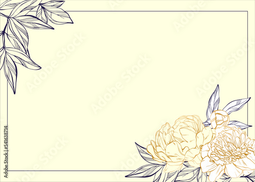 Postcard, diploma or certificate template with golden peonies. Template with place for text with floral pattern. Elegant decorative design. Vector design template. Flowers background.