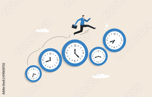 time management techniques. Manage time for rush.  businessman running on group of time clocks.