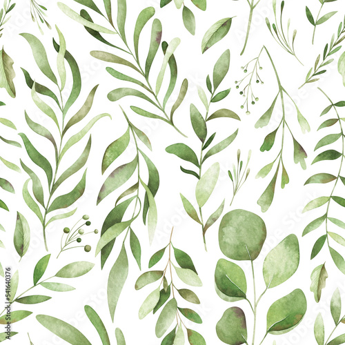 Watercolor seamless pattern with delicate forest greenery. Woodland background for creative design