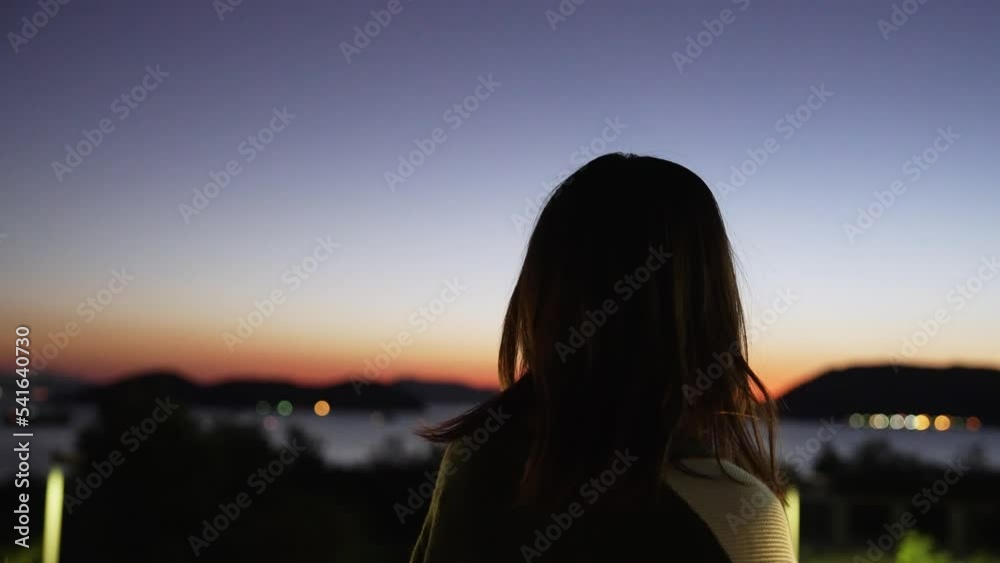 マジックアワーの夜景を眺める女性 マジックアワーの夜景を眺める女性