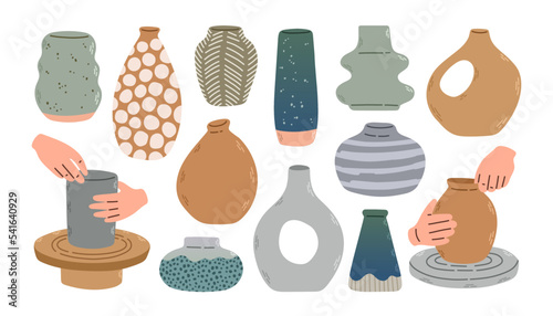 Various ceramic Vases. Different shapes. Pottery workshop, pottery wheel. Hand drawn Vector set. Trendy illustration.