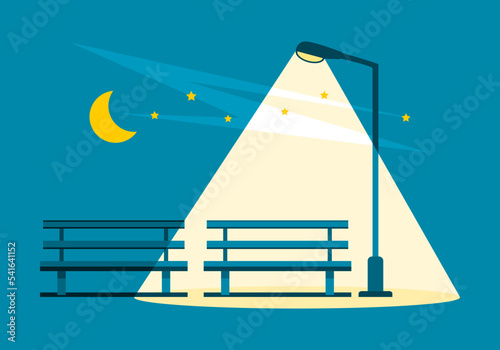Blue wooden bench with glowing electric streetlight lamp bulb pole illuminated light and moon stars at public park garden in blue night backgroud flat vector design.