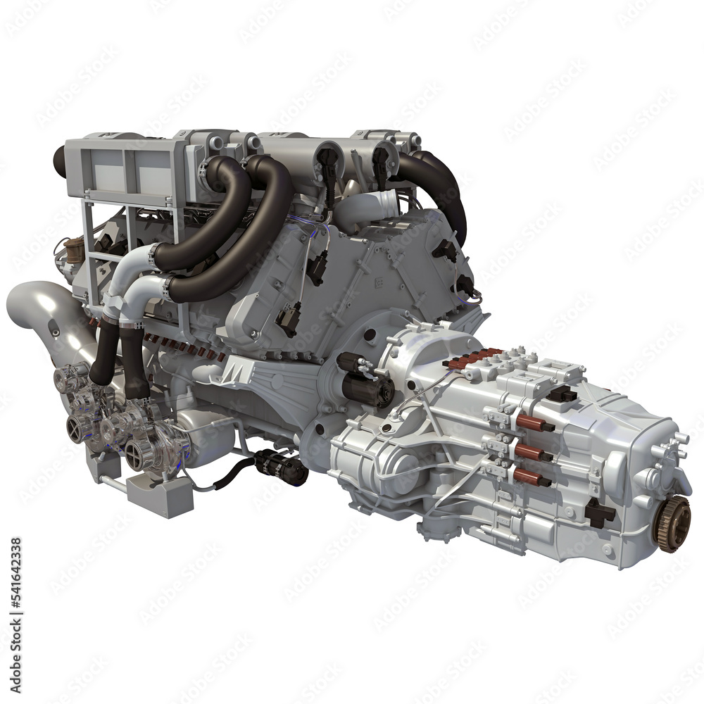 V16 Engine 3D rendering on white background V16 Engine 3D rendering on white background