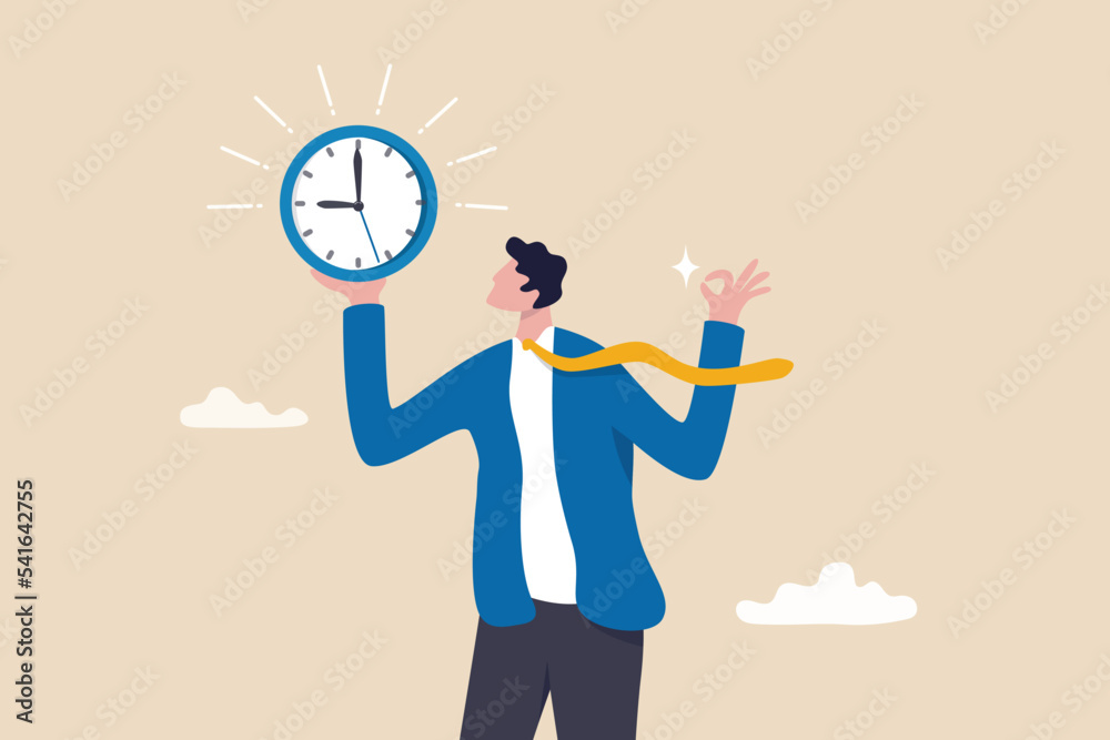 Punctuality, being on time for appointment or schedule, finish work within deadline or timing, meeting reminder or time management concept, punctual businessman holding clock with precise timing. - obrazy, fototapety, plakaty 