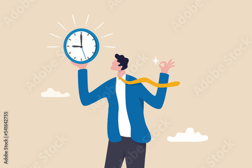 Punctuality, being on time for appointment or schedule, finish work within deadline or timing, meeting reminder or time management concept, punctual businessman holding clock with precise timing. photo