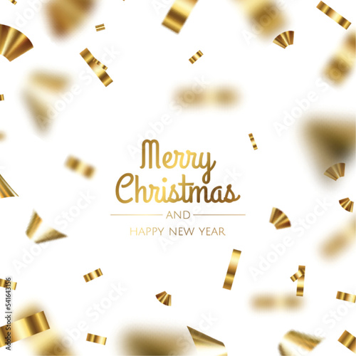 Falling shiny golden confetti isolated on blue background. Bright festive tinsel of gold color.