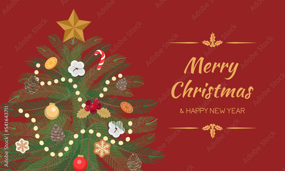 Merry Christmas Happy New Year composition pine fir tree cone candy cane decoration bauble ball star ornaments and chain light. Merry Christmas Happy New Year composition pine fir tree cone candy cane decoration bauble ball star ornaments and chain light.