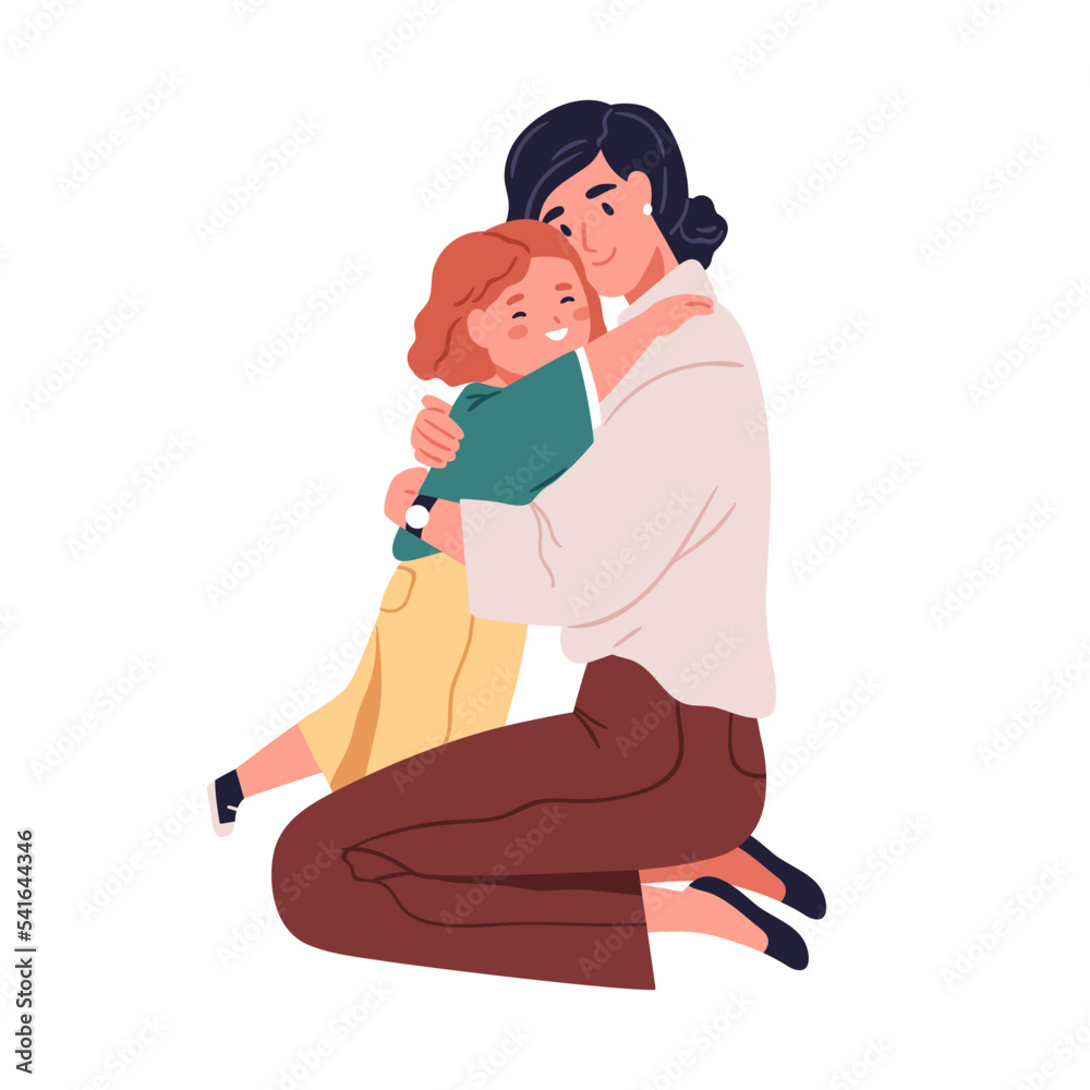 Happy mother hugging cute smiling child. Family, girl kid and mom cuddling, embracing with love. Woman parent caring, supporting little daughter. Flat vector illustration isolated on white background Happy mother hugging cute smiling child. Family, girl kid and mom cuddling, embracing with love. Woman parent caring, supporting little daughter. Flat vector illustration isolated on white background