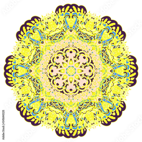 Mandala. Tracery wheel image. Mehndi design. Ethnic doodle art. Curved doodling picture. Vector