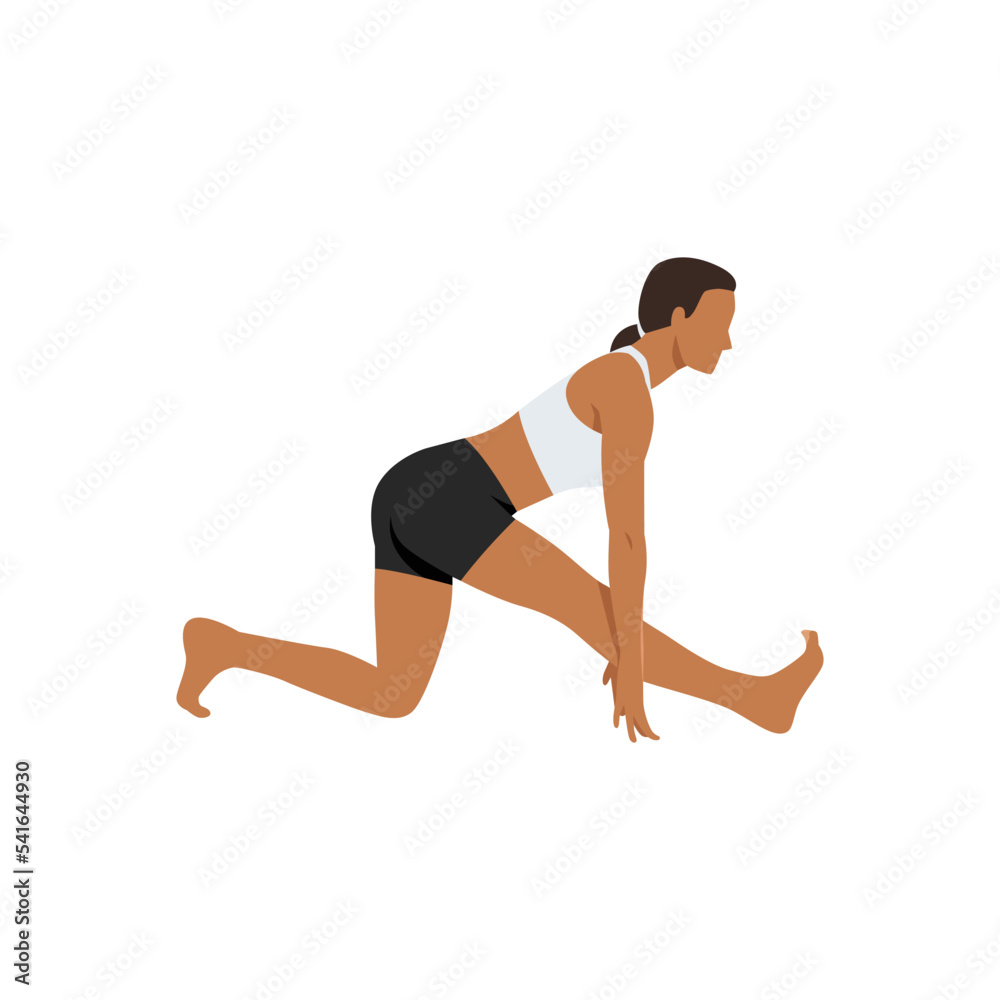 Woman doing yoga asana Ardha Hanumanasana or Half Monkey Pose. Flat vector illustration isolated on white background Woman doing yoga asana Ardha Hanumanasana or Half Monkey Pose. Flat vector illustration isolated on white background
