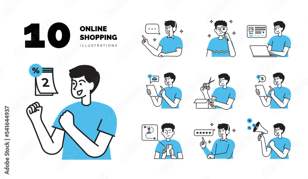 simple modern online shopping men illustration set simple modern online shopping men illustration set