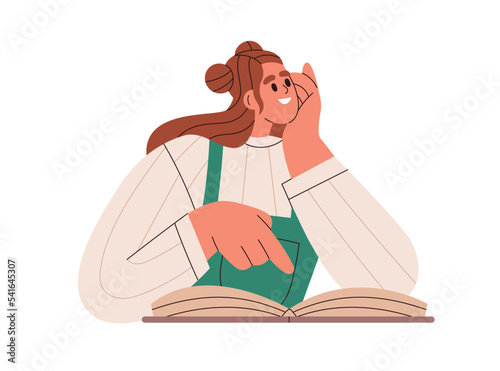 Young girl reader, bookworm sitting with open book. Happy woman reading paper literature, thinking, pointing at page. Modern female student. Flat vector illustration isolated on white background