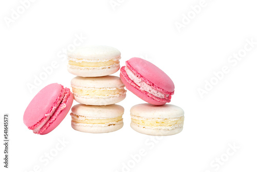 Several white and pink macaroon cakes on a transparent background