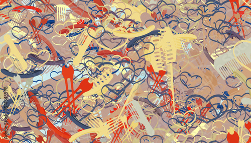 Background pattern abstract seamless design texture. Theme is about relations, hairstyle, slip, hairpin, barrette, love, raker, romance, hearts, clip, claw, hair clips, bobby pin, comb