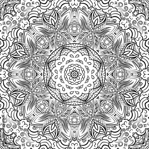 Seamless tile texture. Tracery mehndi design image. Binary monochrome black and white. Ethnic doodle art. Curved doodling picture. Vector