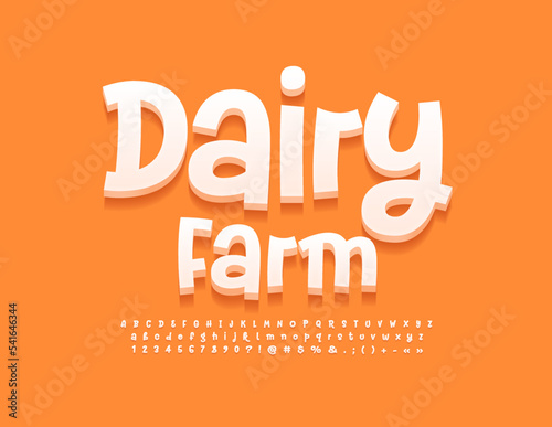 Vector modern emblem Dairy Farm. Playful White 3D Font. Funny handwritten Alphabet Letters and Numbers set. 