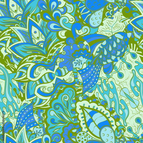 Tracery seamless pattern. Mehndi design. 6 colors. Ethnic doodle texture. Curved doodling background. Vector