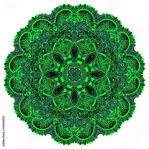 Mandala. Tracery wheel image. Mehndi design. Dark toxic colors. Ethnic doodle art. Curved doodling picture. Vector