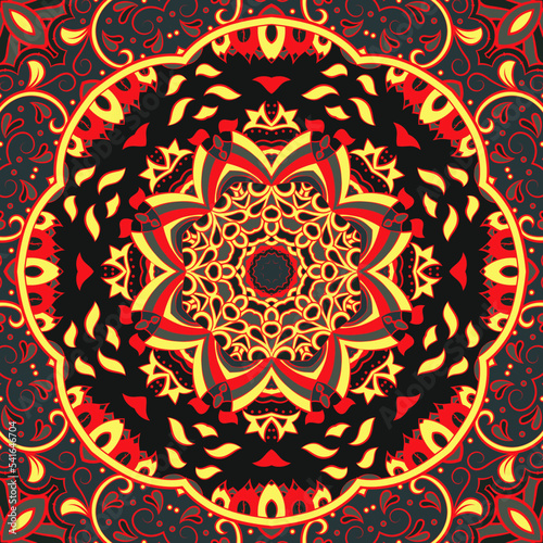 Seamless tile texture. Tracery mehndi design image. Dark toxic colors. Ethnic doodle art. Curved doodling picture. Vector