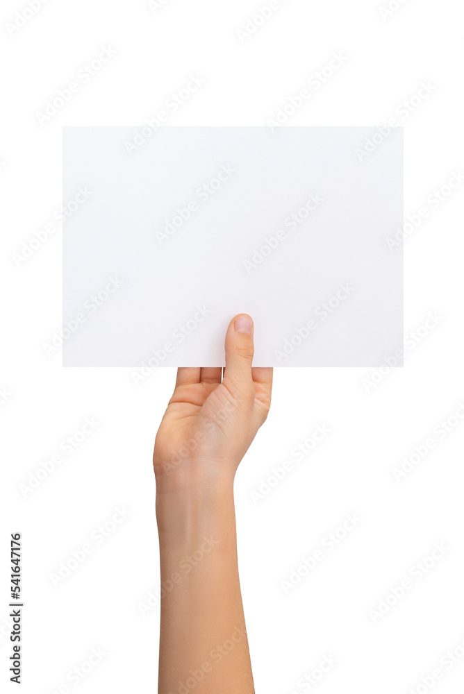 Fototapeta premium Hand holding blank flyer, sheet of paper in horizontal position with isolated background