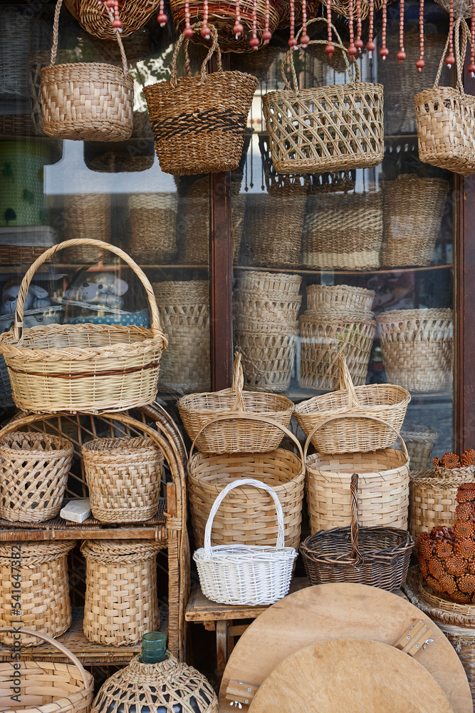 Baskets wickerwork old shop. Traditional handcrafted works. Basketry