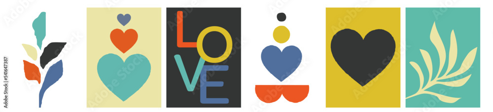 Collection of bright modern simple posters with hearts, geometric shapes and plant and text love on color background Collection of bright modern simple posters with hearts, geometric shapes and plant and text love on color background