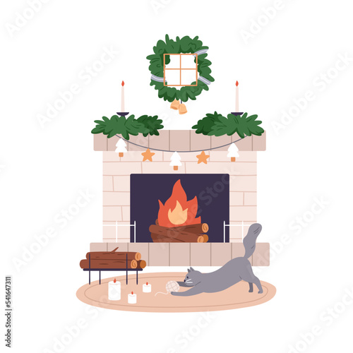 Cute cat playing by Christmas fireplace at home. Funny kitty with yarn by fireside in cozy living room at Xmas. Playful kitten at New year eve. Flat vector illustration isolated on white background