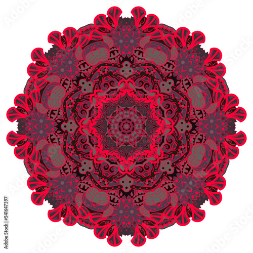 Mandala. Tracery wheel image. Mehndi design. Dark toxic colors. Ethnic doodle art. Curved doodling picture. Vector