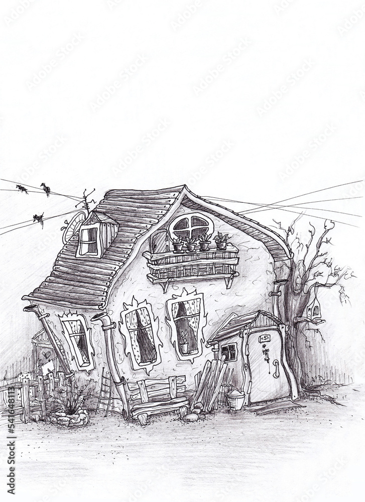 Old crumbling house. Pencil drawing