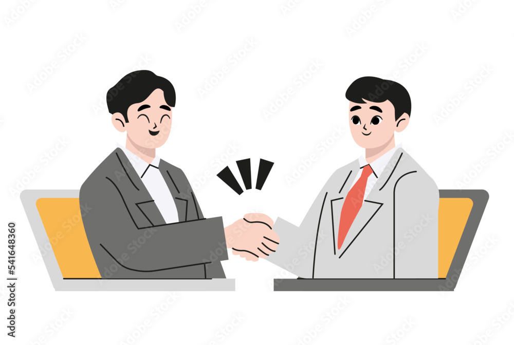 Two businessmen talk through laptop screens and shake hands. Online communication and business meeting, video communication technology and video call application concept