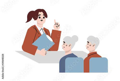 Illustration of a business woman explaining to a elderly couple. Flat vector illustration isolated on white background